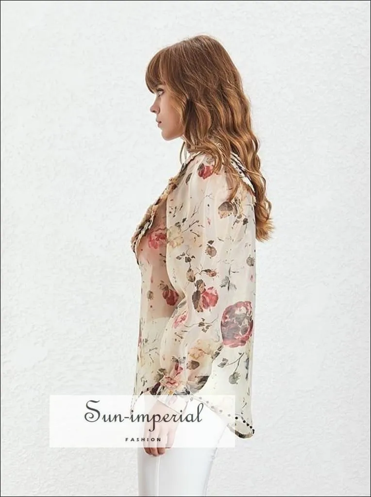 Luna top - Vintage Floral Women Long Sleeve Sheer Pleated top