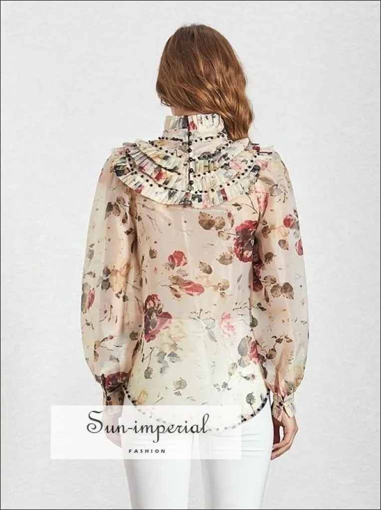 Luna top - Vintage Floral Women Long Sleeve Sheer Pleated top