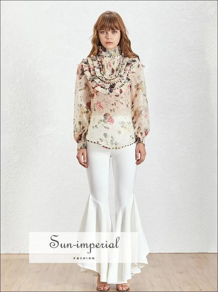 Luna top - Vintage Floral Women Long Sleeve Sheer Pleated top