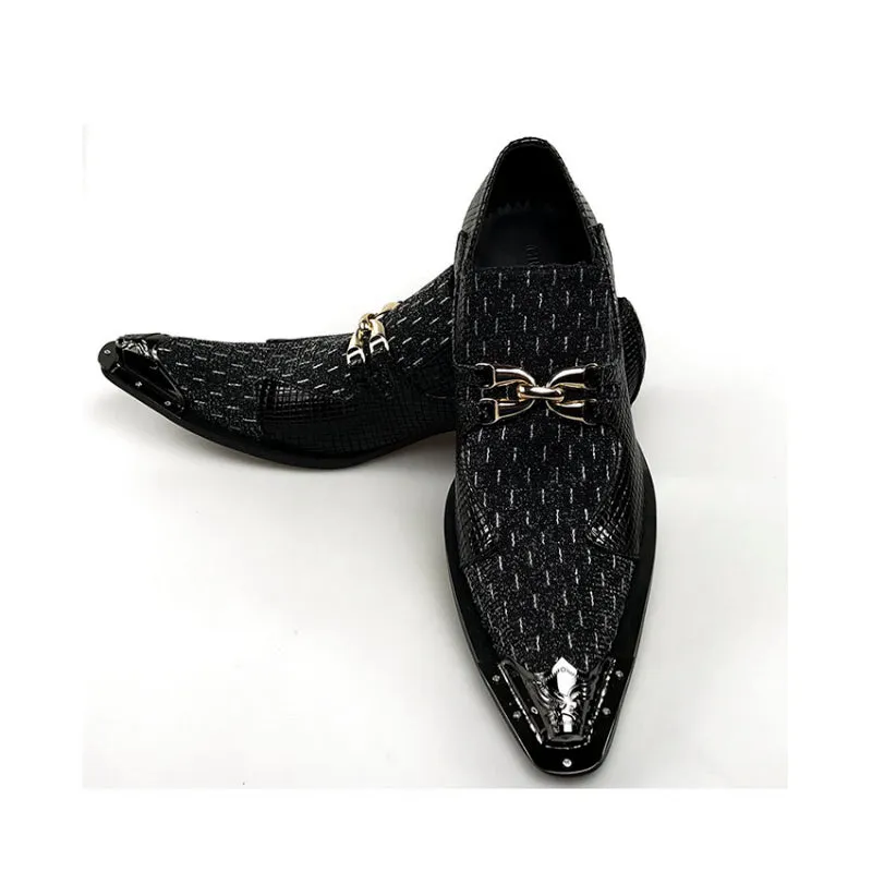 Luxury Pointed Toe Metal and Snake Pattern Patchwork Men Dress Shoes