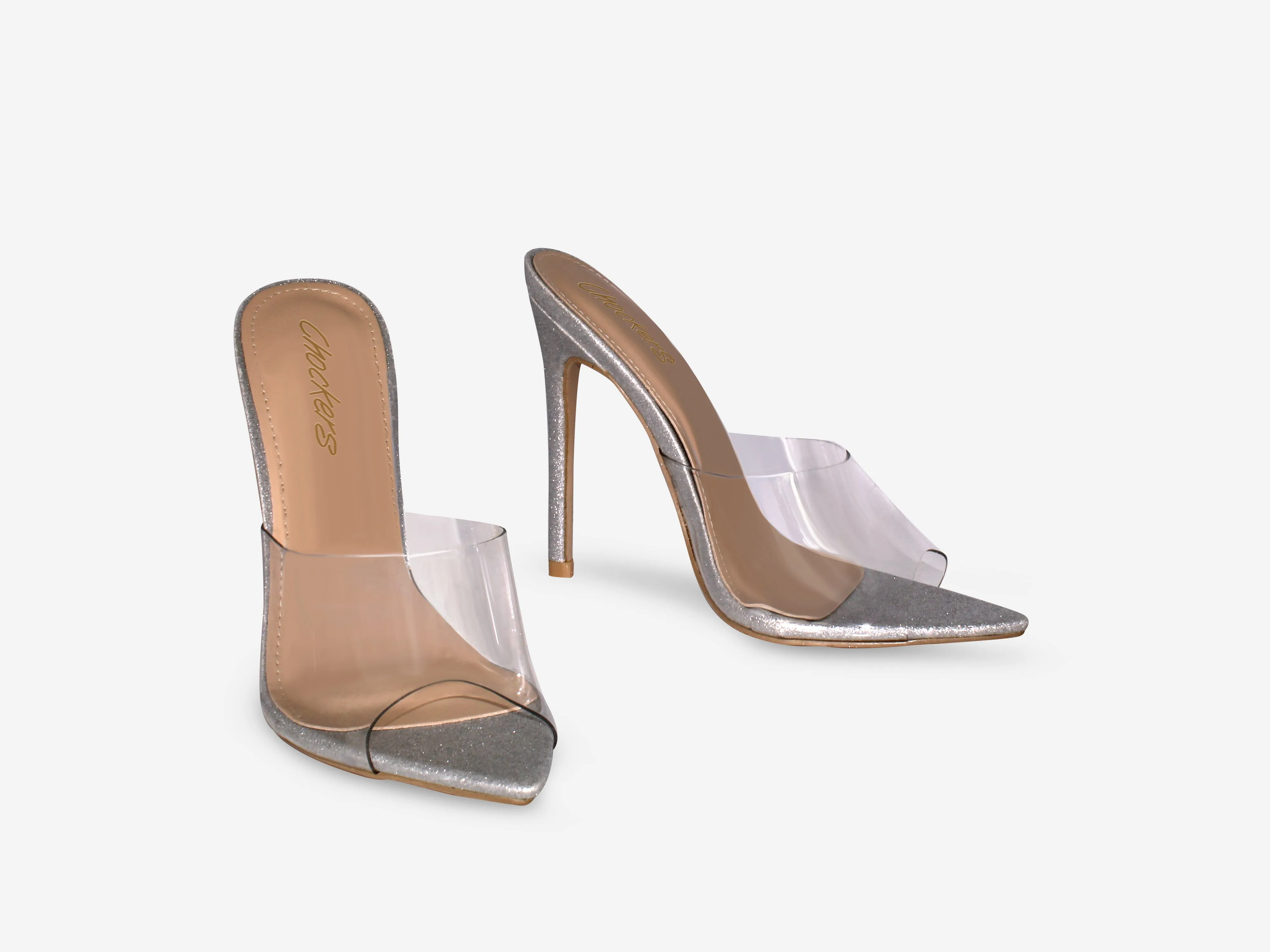Maddie -  Silver Glitter Pointed Toe Perspex Peep Toe Heel