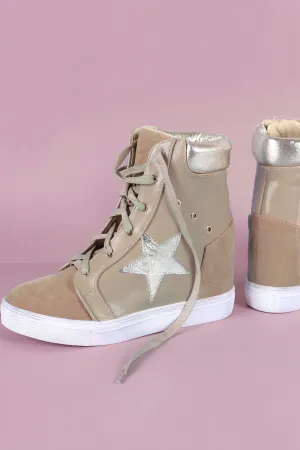 Metallic Star Lace-Up High Top Wedge Sneaker