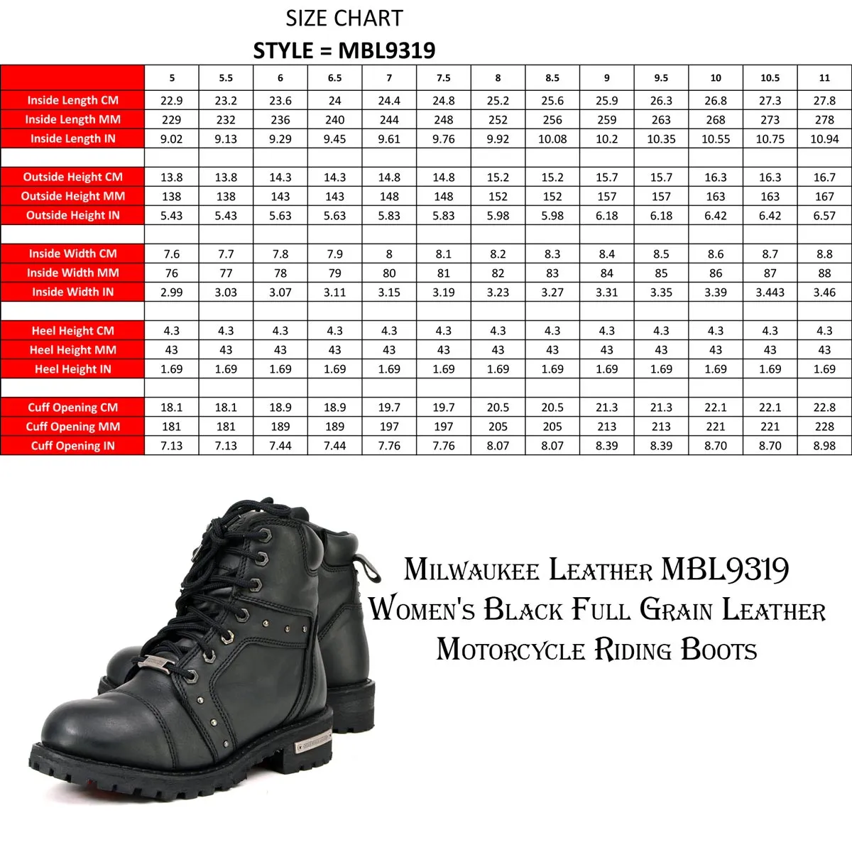 Milwaukee Leather MBL9319 Women's Black Premium Leather Motorcycle Riding Boots w/ Lace-Up and Side Zipper Closure