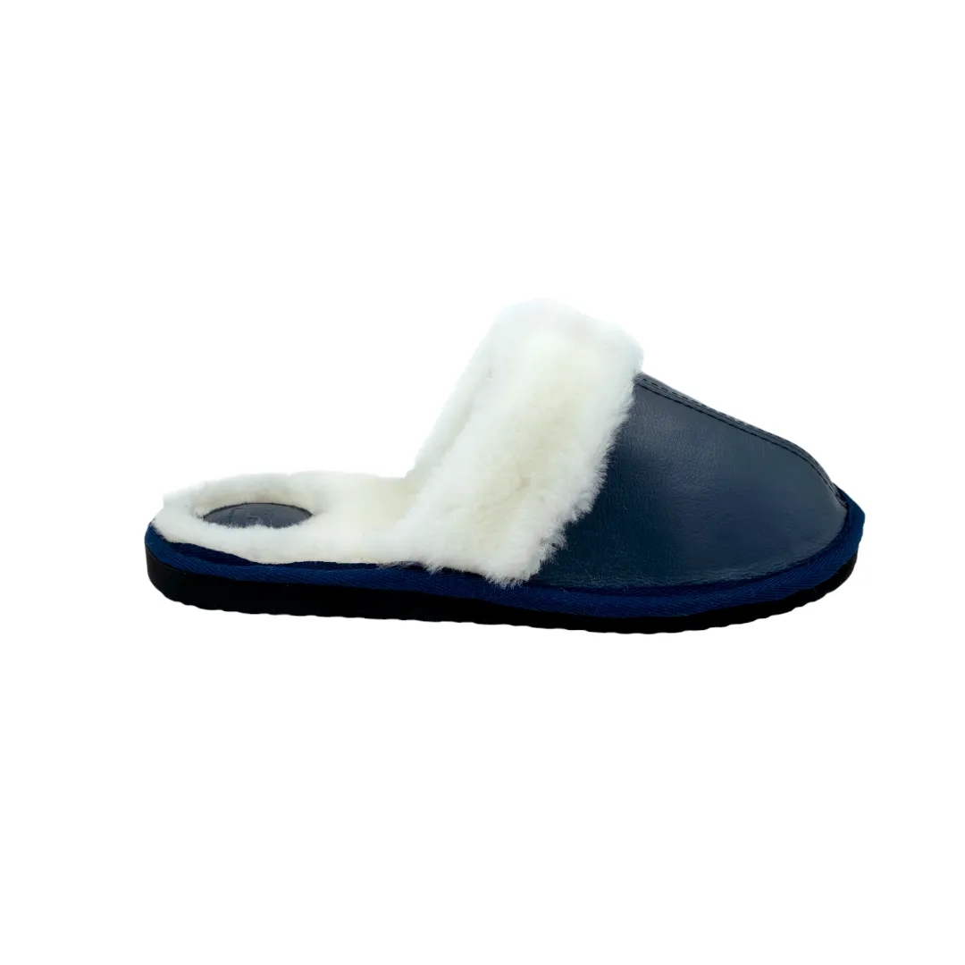 Mule | Navy Blue | Leather | Wool Collar