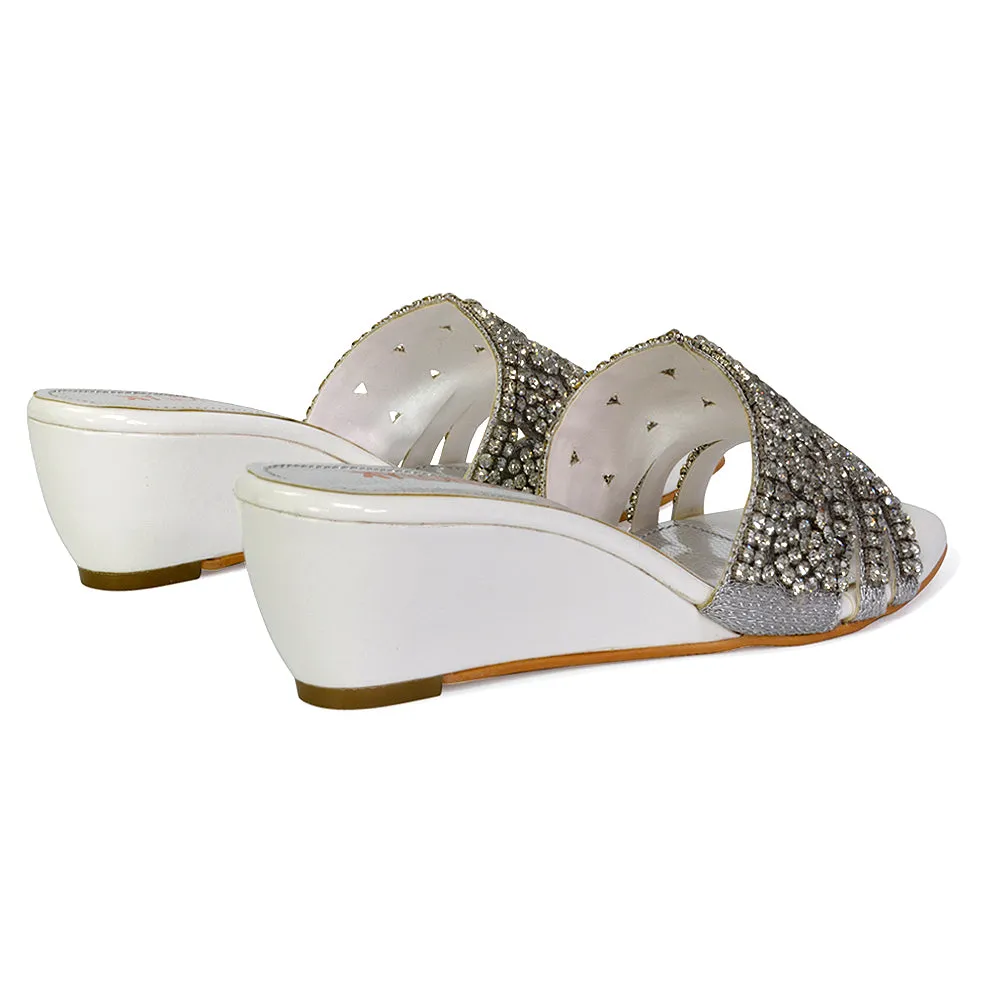 Olive Square Toe Embellished Diamante Wedge Heel Sandals in Silver