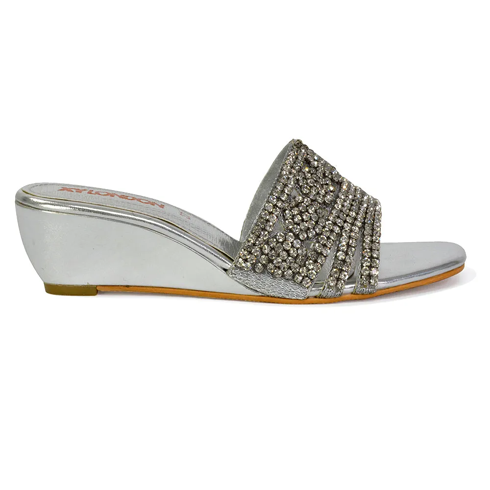 Olive Square Toe Embellished Diamante Wedge Heel Sandals in Silver