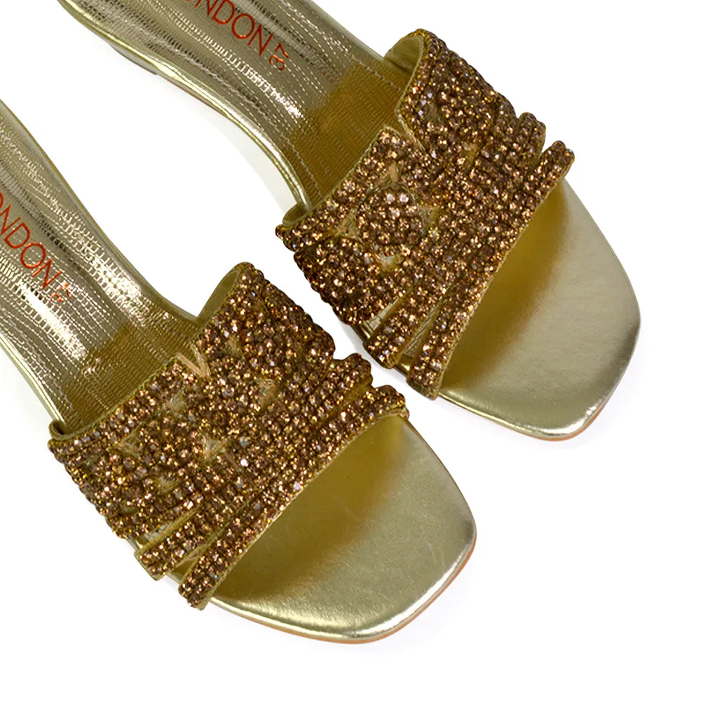 Olive Square Toe Embellished Diamante Wedge Heel Sandals in Silver