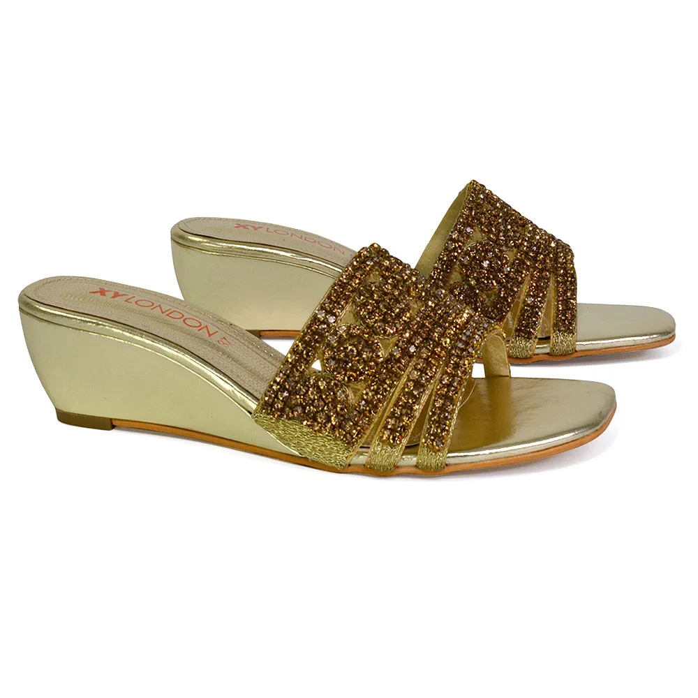 Olive Square Toe Embellished Diamante Wedge Heel Sandals in Silver