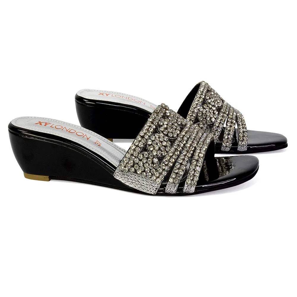 Olive Square Toe Embellished Diamante Wedge Heel Sandals in Silver