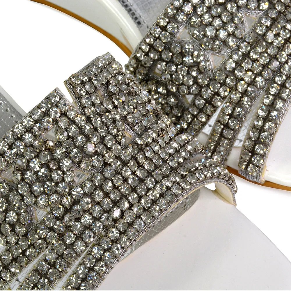 Olive Square Toe Embellished Diamante Wedge Heel Sandals in Silver
