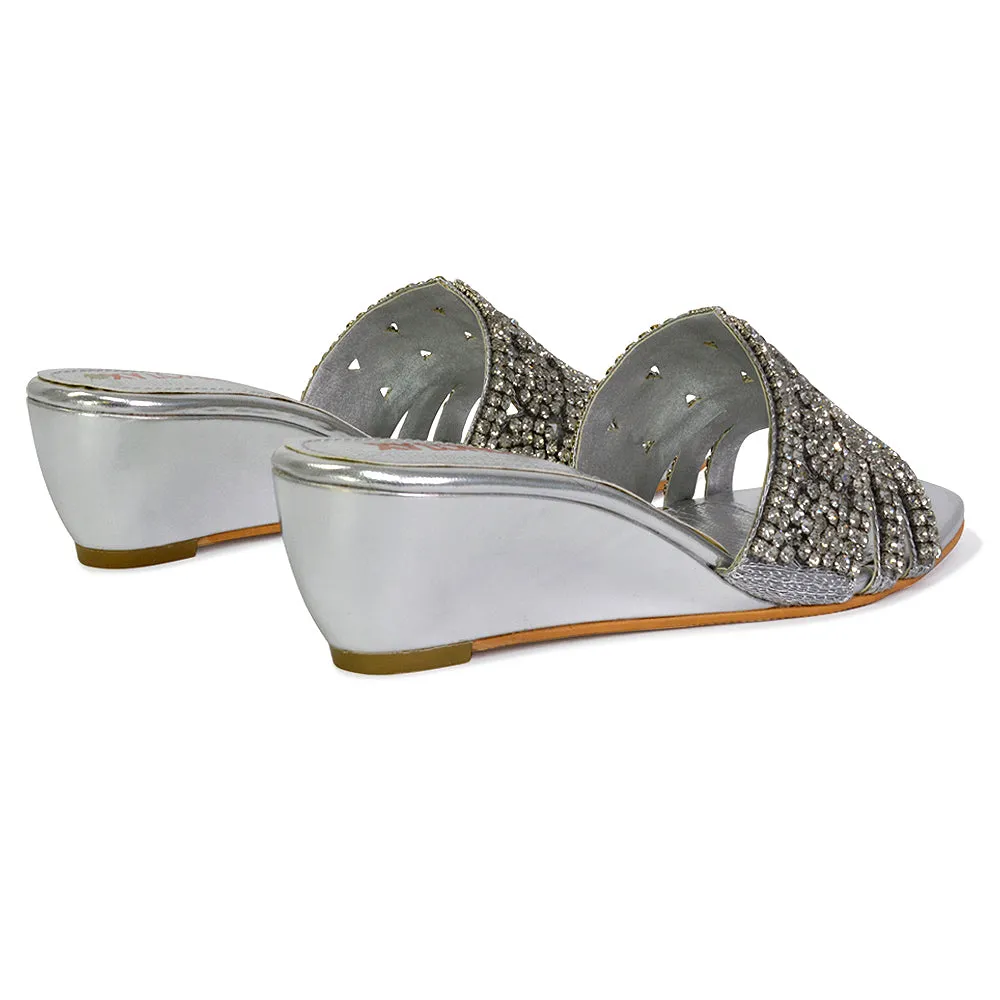 Olive Square Toe Embellished Diamante Wedge Heel Sandals in Silver