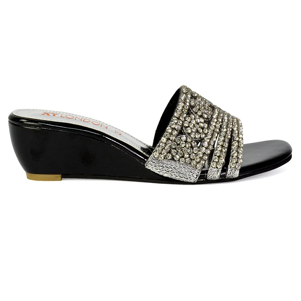 Olive Square Toe Embellished Diamante Wedge Heel Sandals in Silver