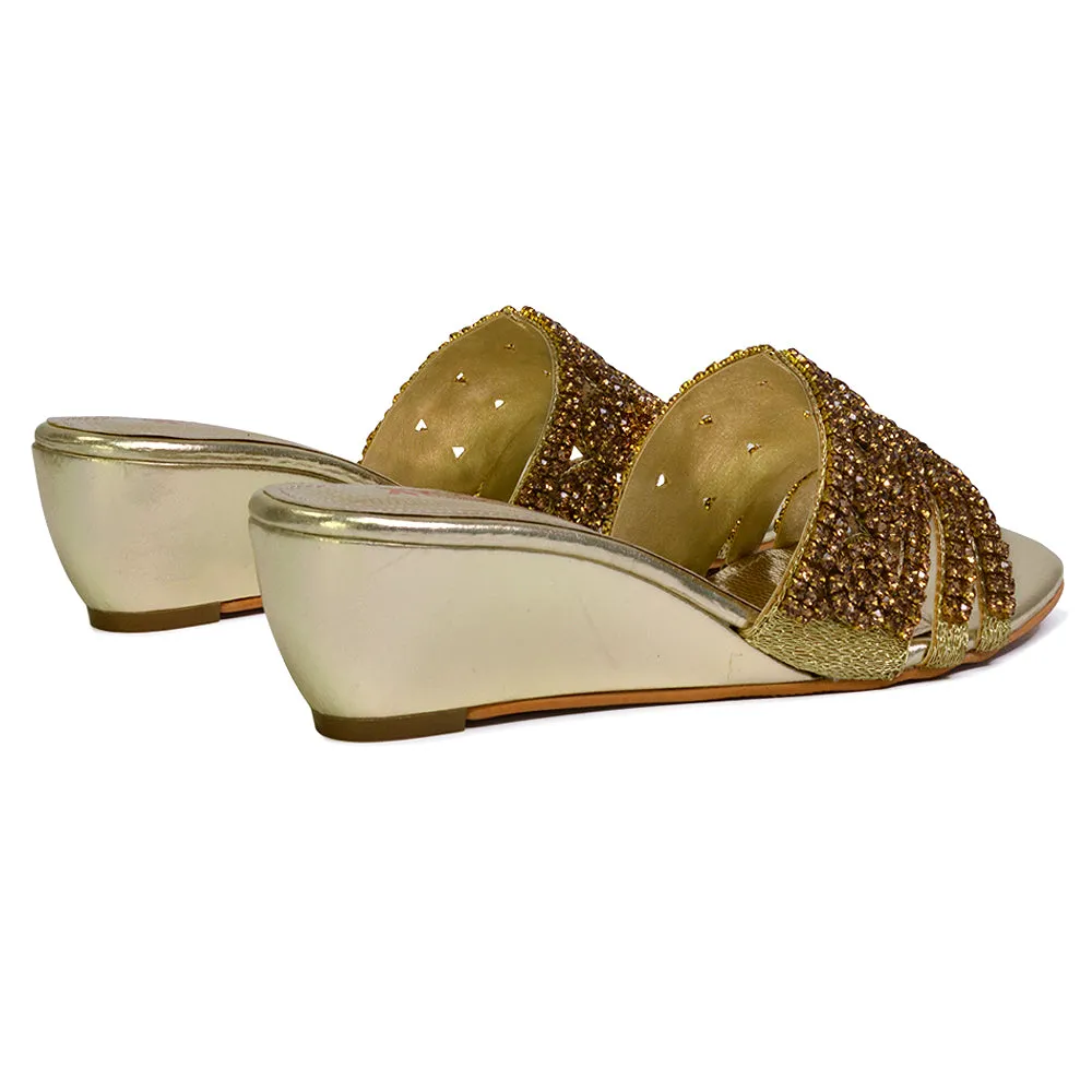 Olive Square Toe Embellished Diamante Wedge Heel Sandals in Silver