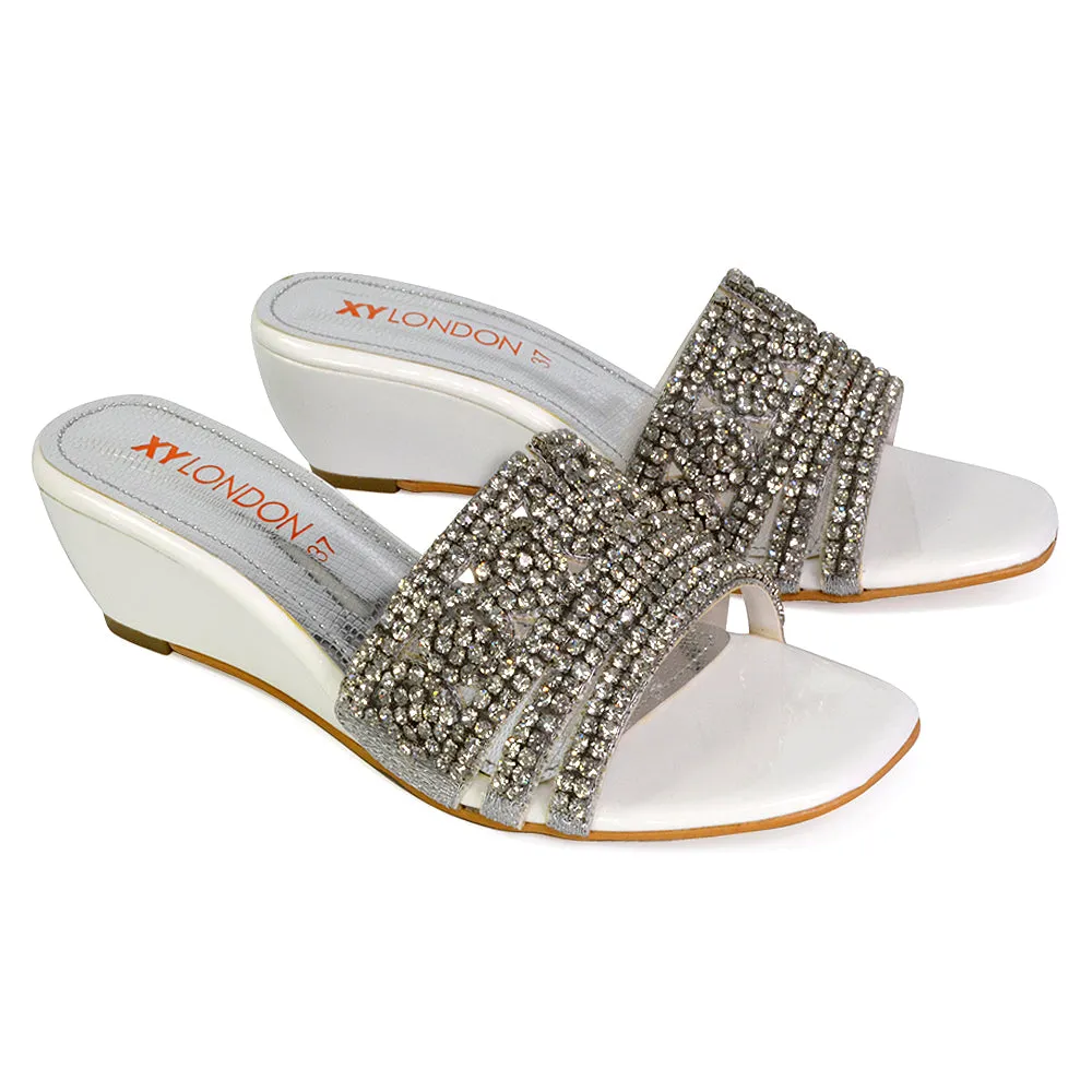 Olive Square Toe Embellished Diamante Wedge Heel Sandals in Silver