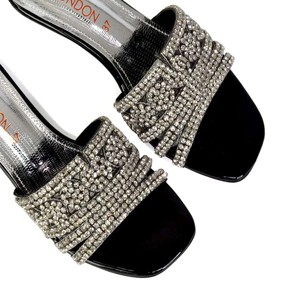 Olive Square Toe Embellished Diamante Wedge Heel Sandals in Silver