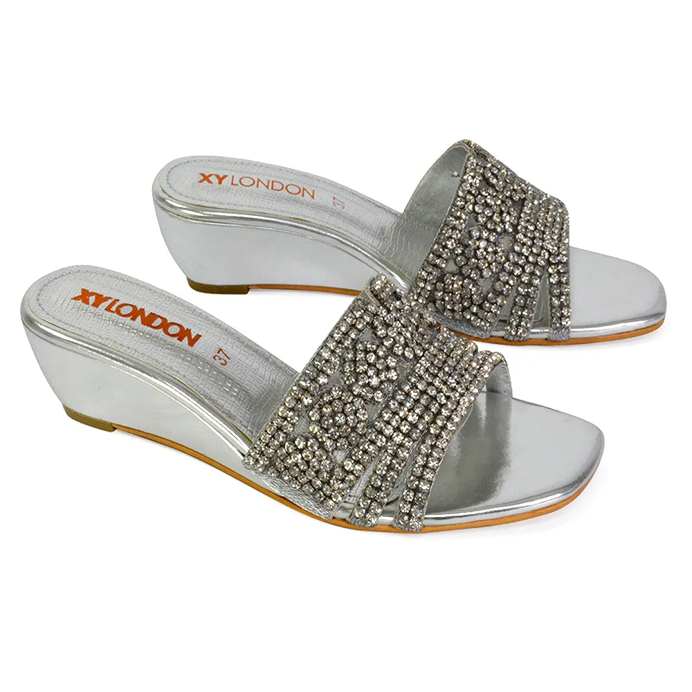 Olive Square Toe Embellished Diamante Wedge Heel Sandals in Silver