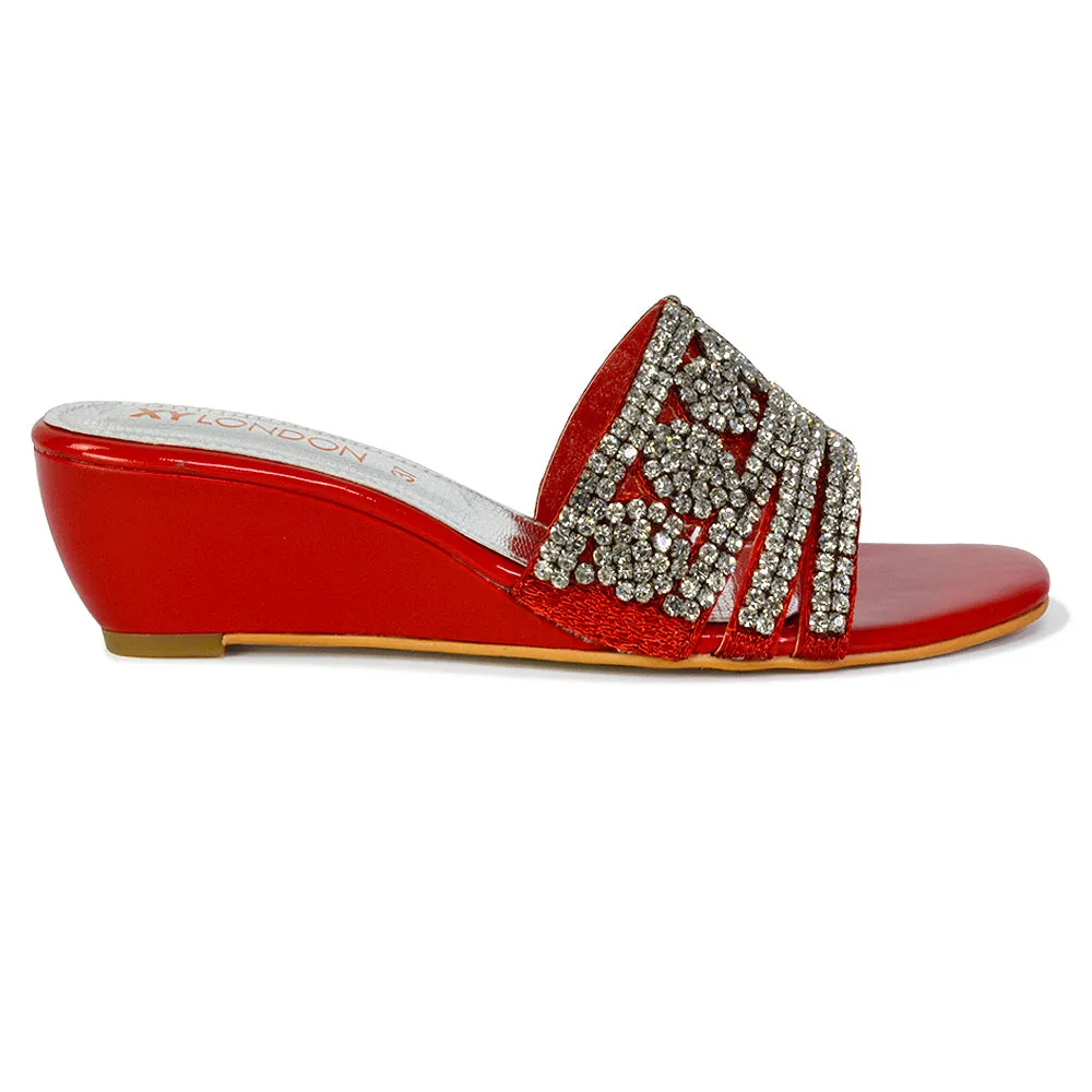 Olive Square Toe Embellished Diamante Wedge Heel Sandals in Silver