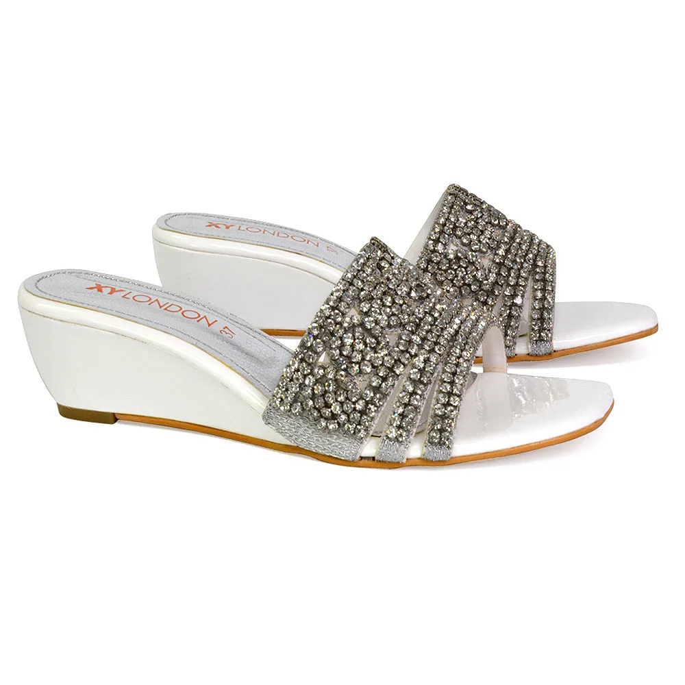 Olive Square Toe Embellished Diamante Wedge Heel Sandals in Silver