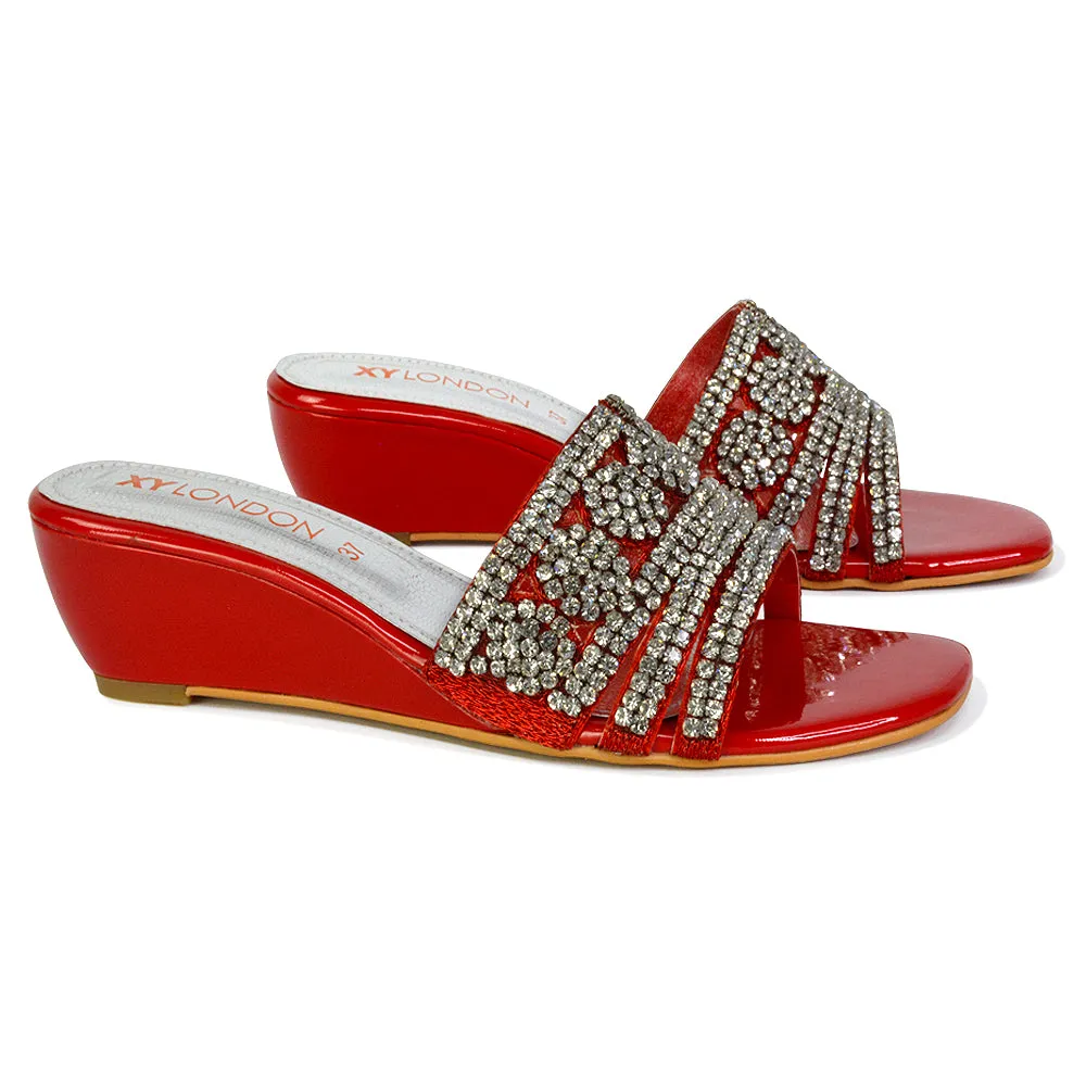 Olive Square Toe Embellished Diamante Wedge Heel Sandals in Silver