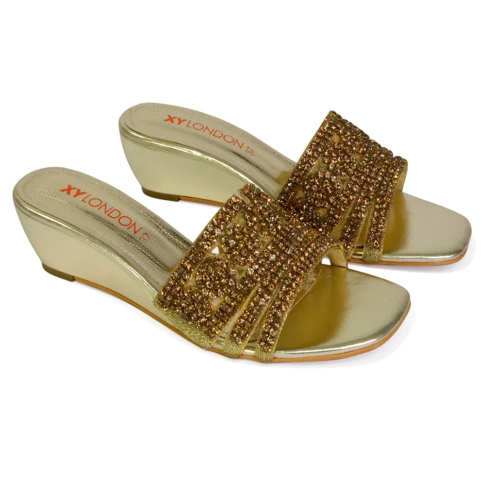 Olive Square Toe Embellished Diamante Wedge Heel Sandals in Silver