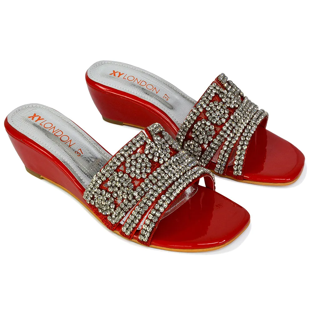 Olive Square Toe Embellished Diamante Wedge Heel Sandals in Silver