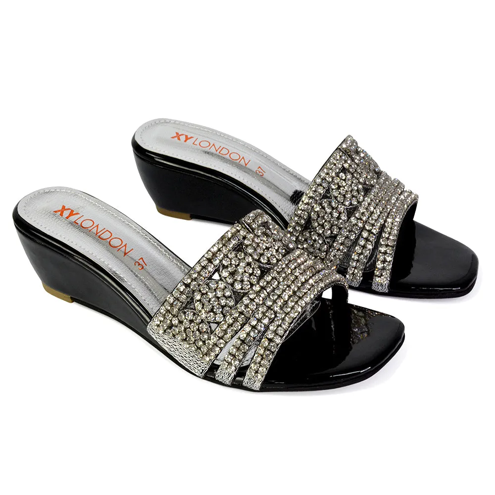 Olive Square Toe Embellished Diamante Wedge Heel Sandals in Silver