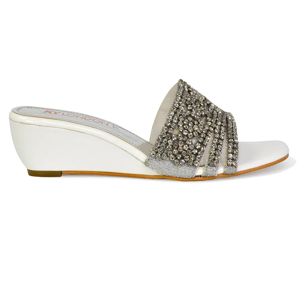 Olive Square Toe Embellished Diamante Wedge Heel Sandals in Silver