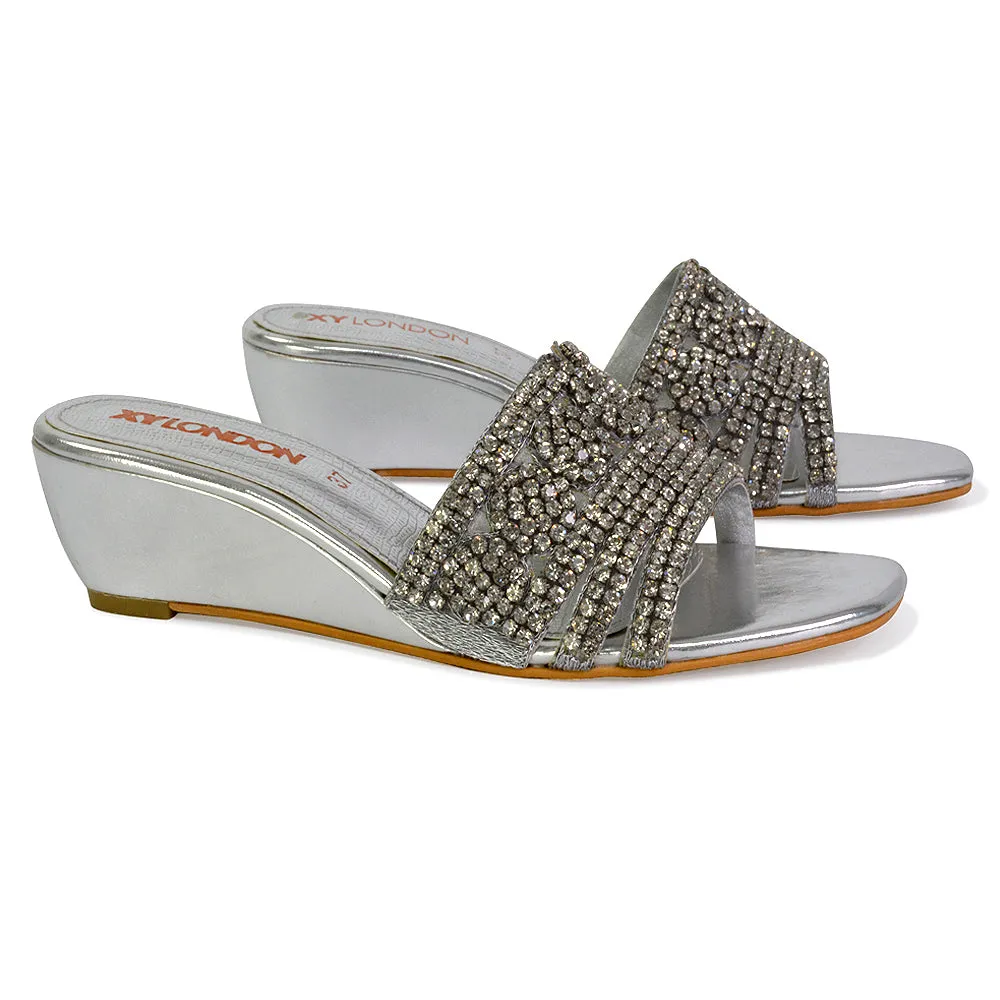 Olive Square Toe Embellished Diamante Wedge Heel Sandals in Silver