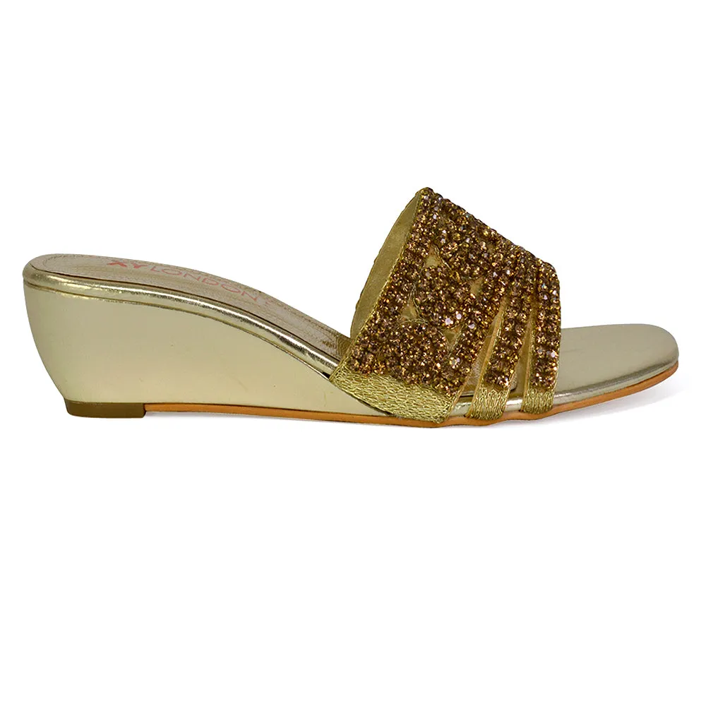 Olive Square Toe Embellished Diamante Wedge Heel Sandals in Silver