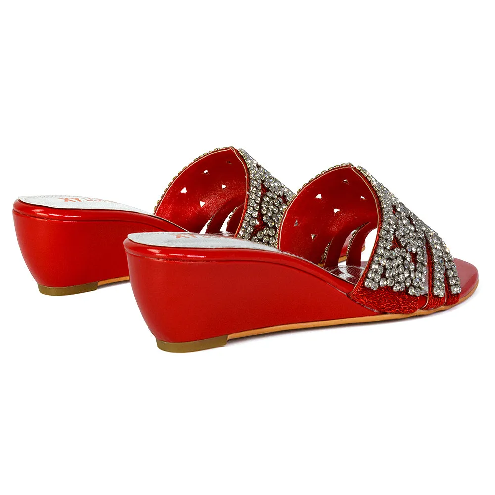 Olive Square Toe Embellished Diamante Wedge Heel Sandals in Silver