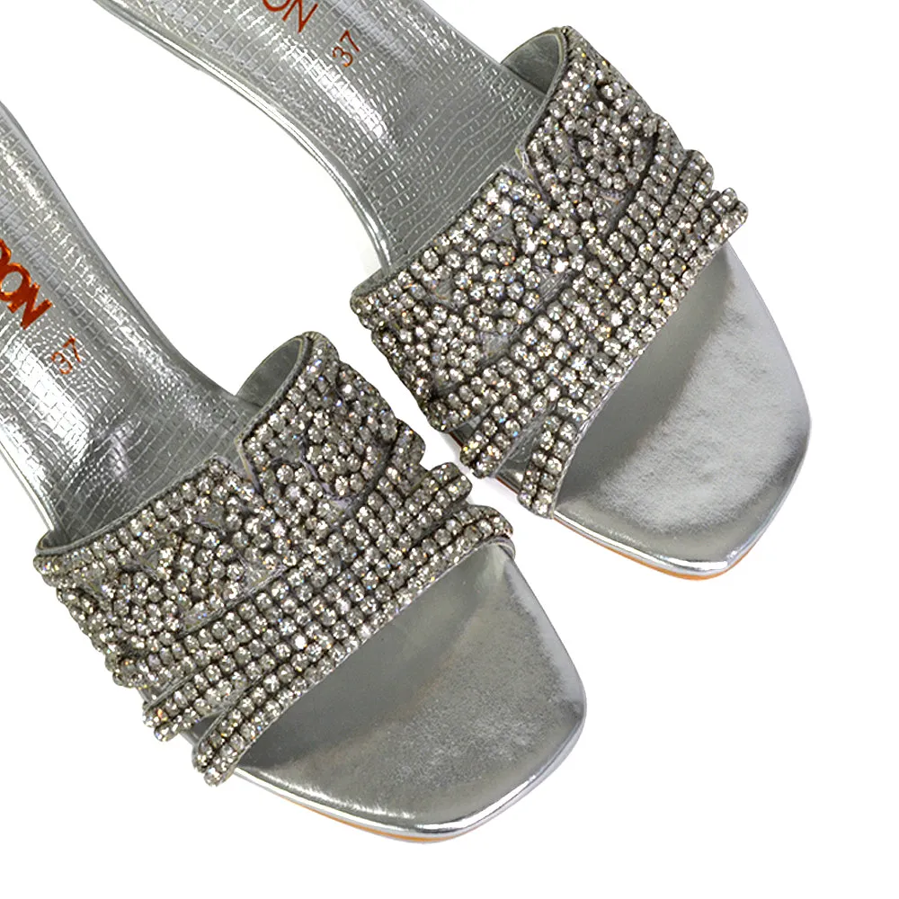 Olive Square Toe Embellished Diamante Wedge Heel Sandals in Silver