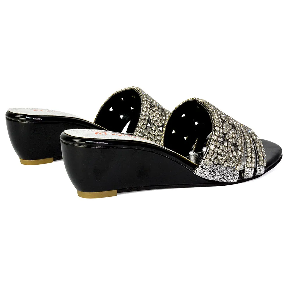 Olive Square Toe Embellished Diamante Wedge Heel Sandals in Silver