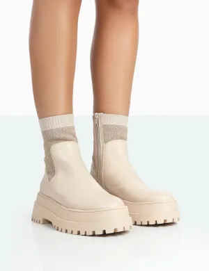 Paloma Nude Boucle Knit Chunky Sole Sock Ankle Boots