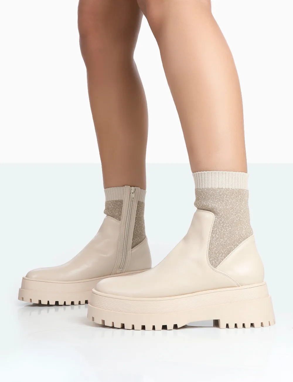 Paloma Nude Boucle Knit Chunky Sole Sock Ankle Boots