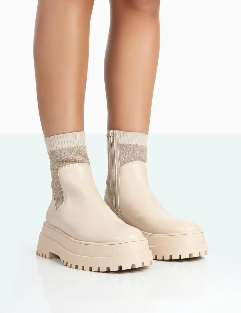 Paloma Nude Boucle Knit Chunky Sole Sock Ankle Boots