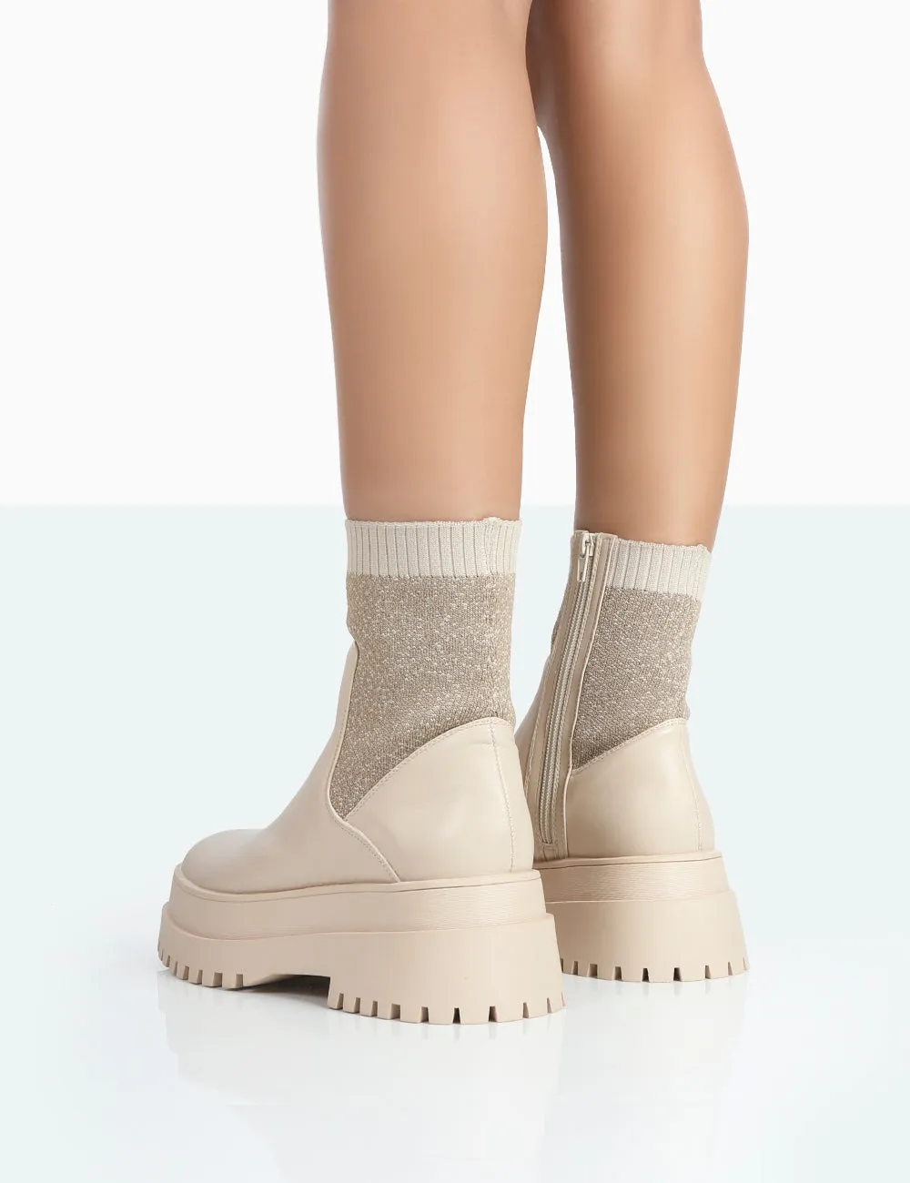 Paloma Nude Boucle Knit Chunky Sole Sock Ankle Boots