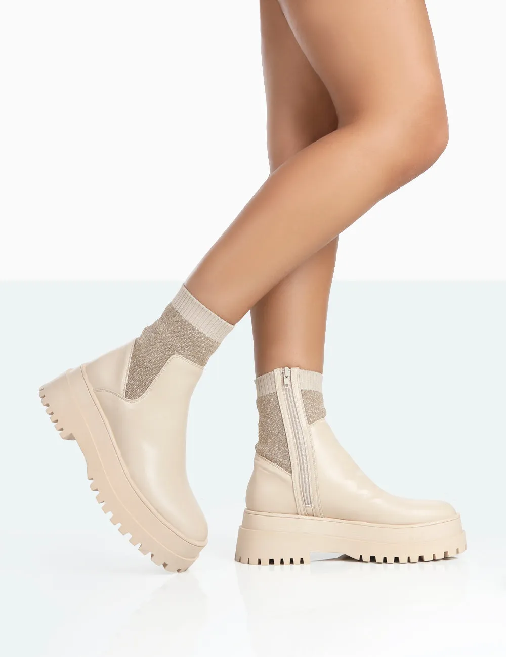 Paloma Nude Boucle Knit Chunky Sole Sock Ankle Boots