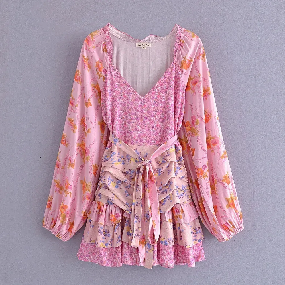 Patchwork Floral Print Mini Dress for Women Asymmetric Ruffled Sexy Party Dress Puff Sleeve Boho Beach Summer Dress 210415
