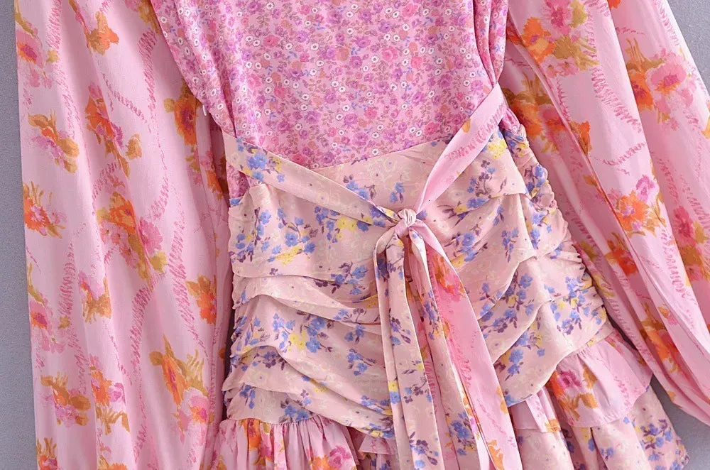 Patchwork Floral Print Mini Dress for Women Asymmetric Ruffled Sexy Party Dress Puff Sleeve Boho Beach Summer Dress 210415