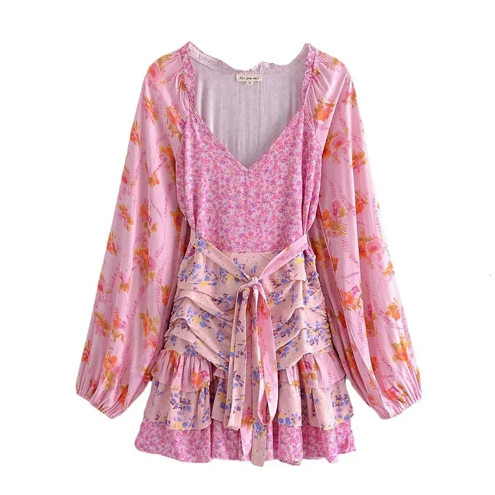 Patchwork Floral Print Mini Dress for Women Asymmetric Ruffled Sexy Party Dress Puff Sleeve Boho Beach Summer Dress 210415