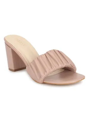 Pink PU Wrinkled Block Heel Mules