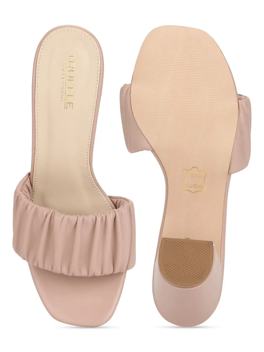 Pink PU Wrinkled Block Heel Mules
