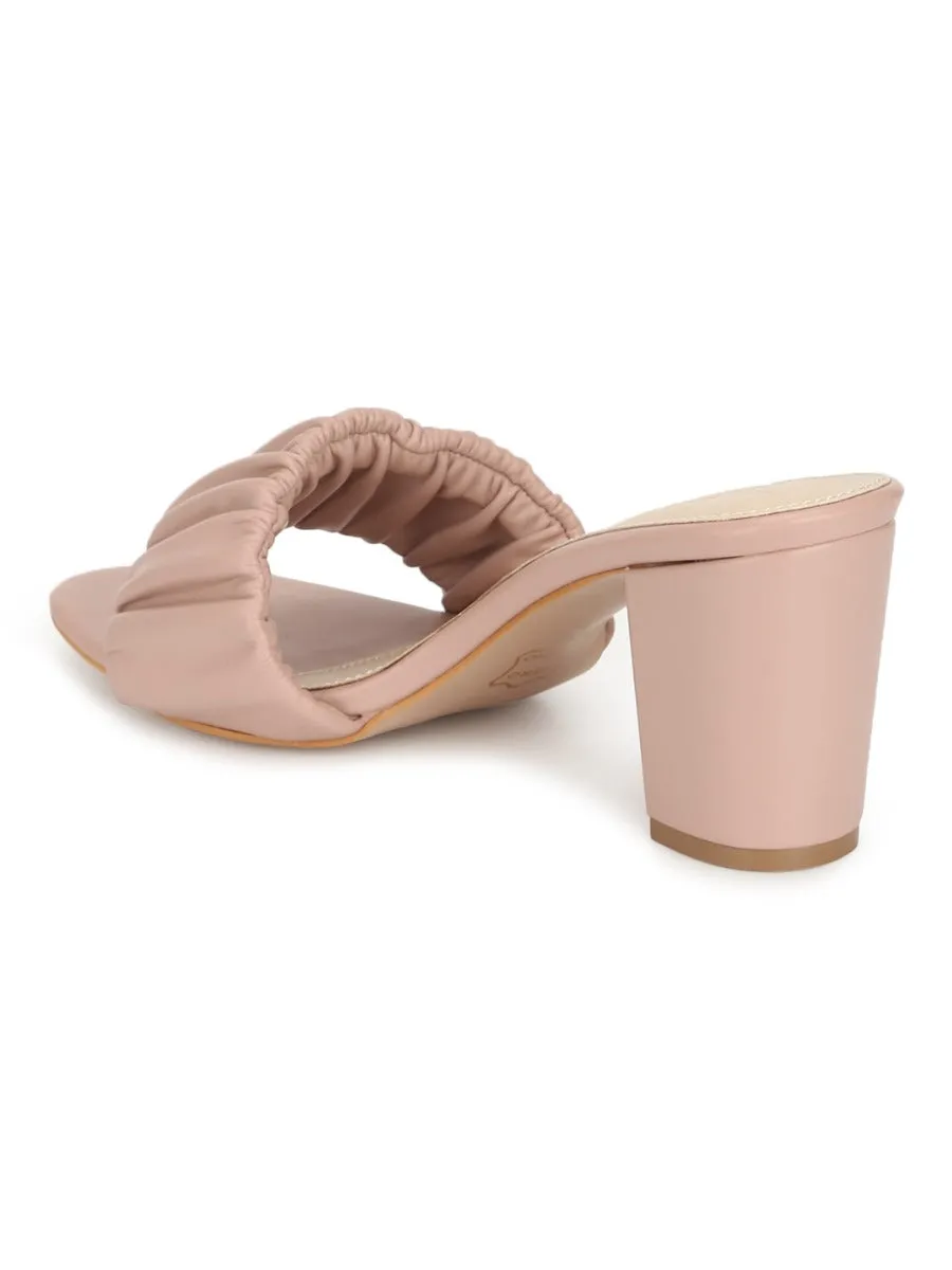 Pink PU Wrinkled Block Heel Mules