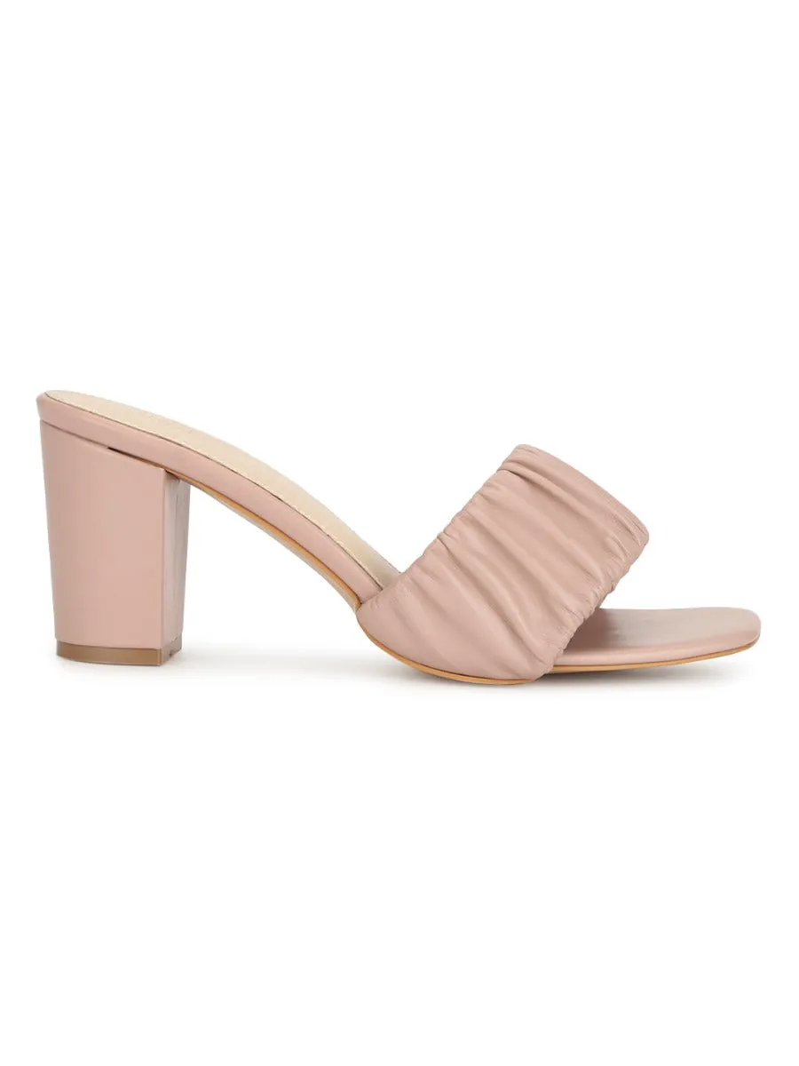 Pink PU Wrinkled Block Heel Mules