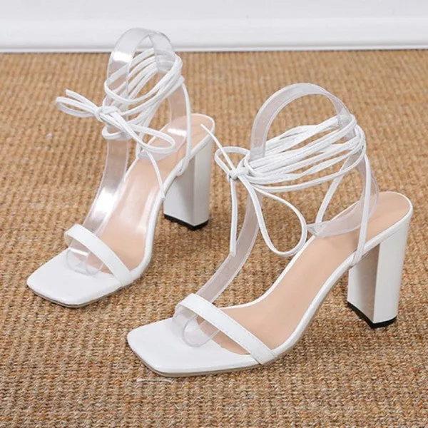 Purpdrank - White Casual Bandage Patchwork Printing Square Out Door Shoes (Heel Height 3.54in)