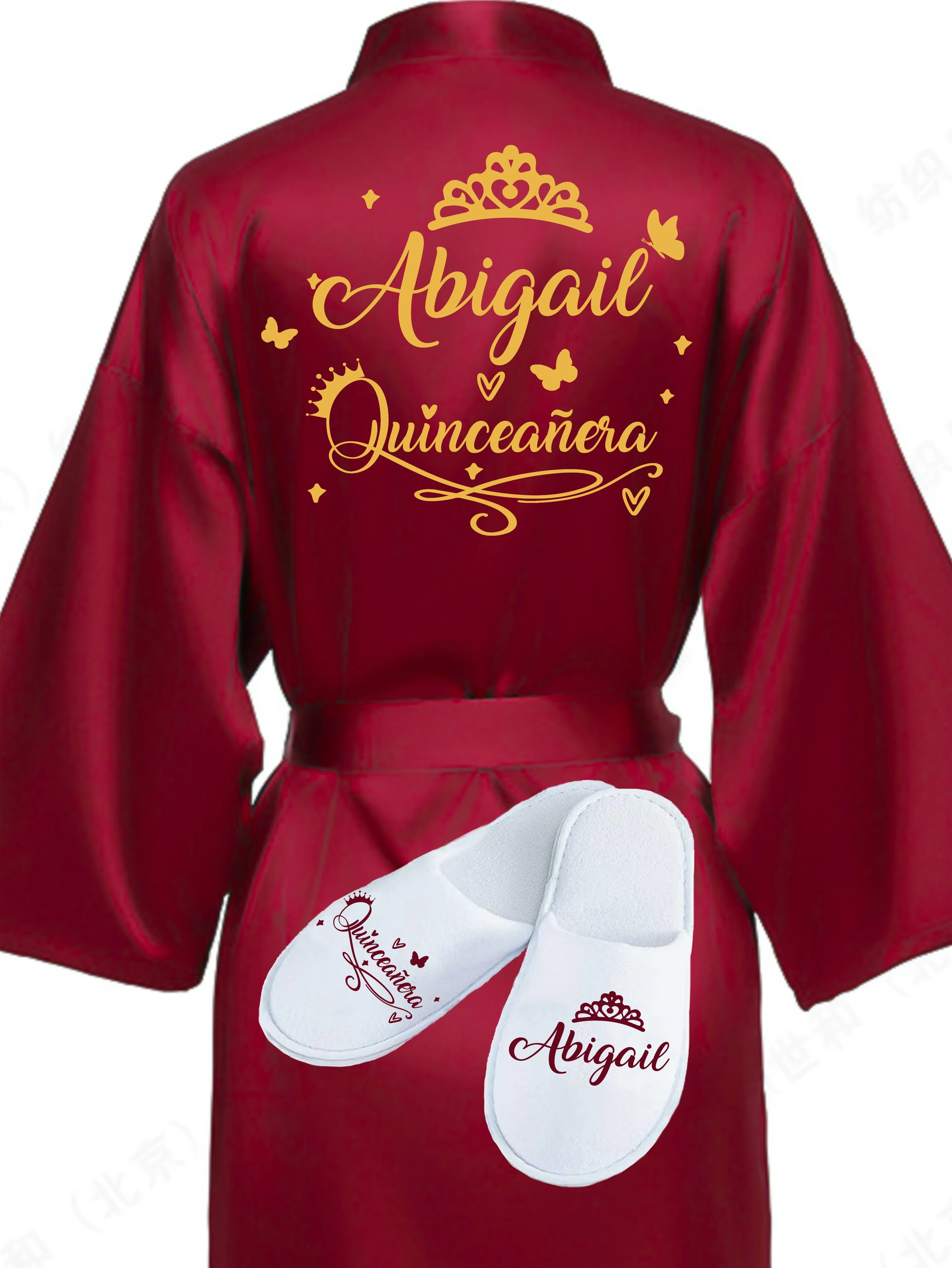Quinceanera Burgundy with Gold robe with slippers