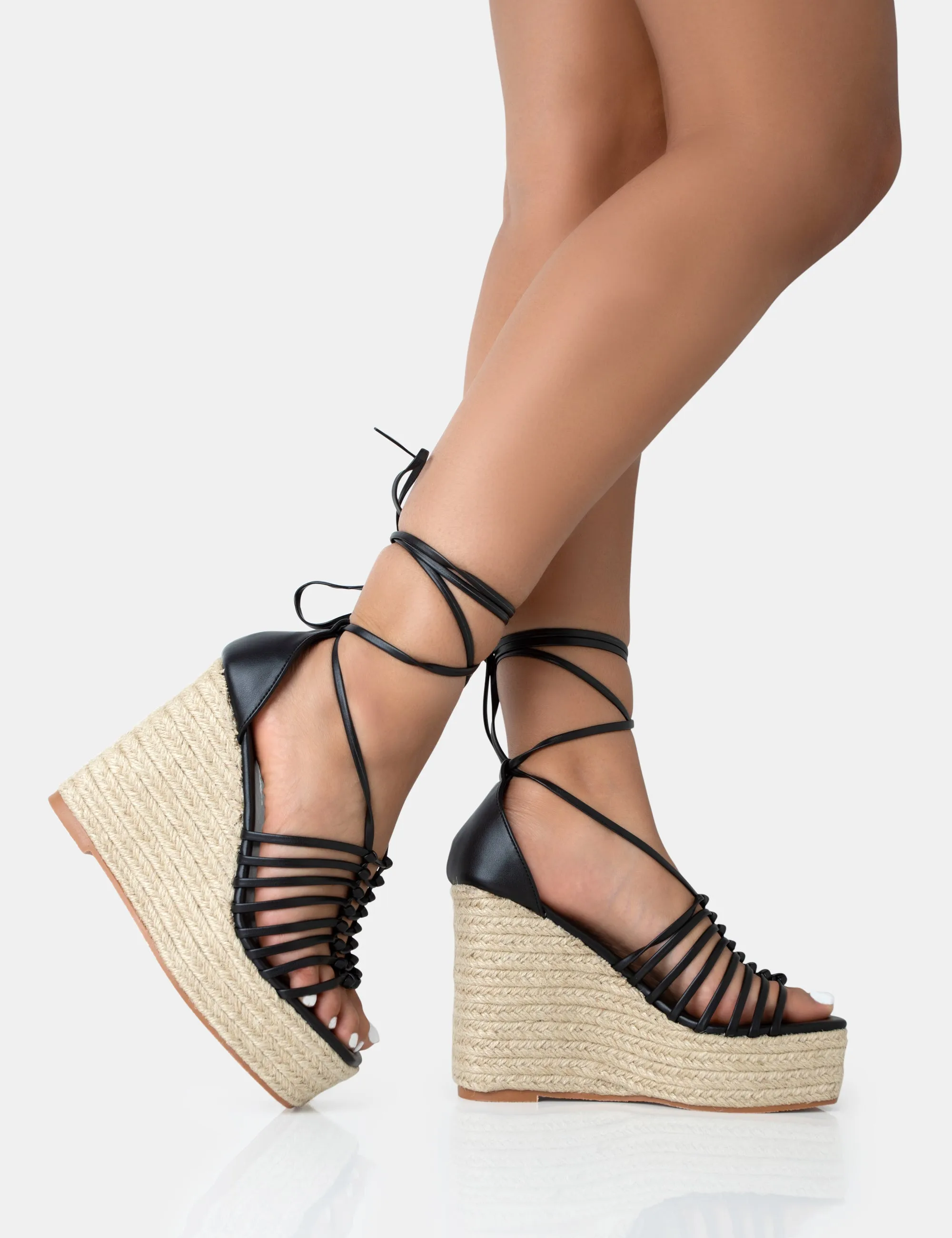 Reece Black PU Knot Strap Lace Up Raffia Wedge Heels