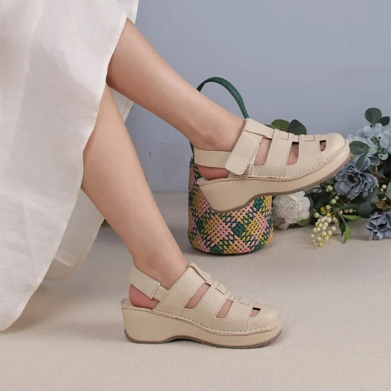 Retro Soft All Leather Woven Platform Gladiator Sandals In Beige/Gray/Black