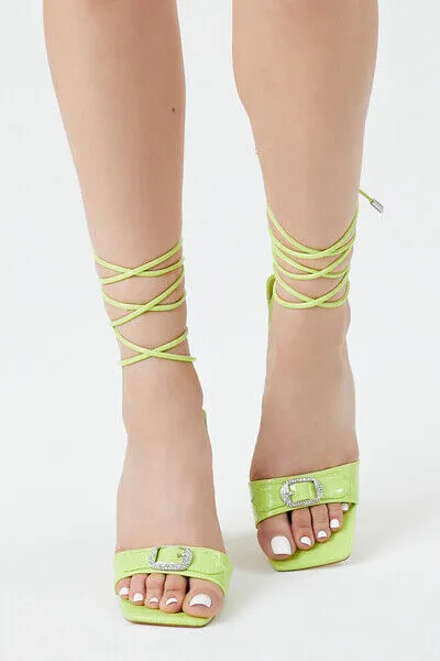 Rhinestone Faux Croc Lace-Up Heels