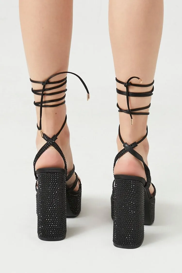 Rhinestone Lace-Up Platform Heels